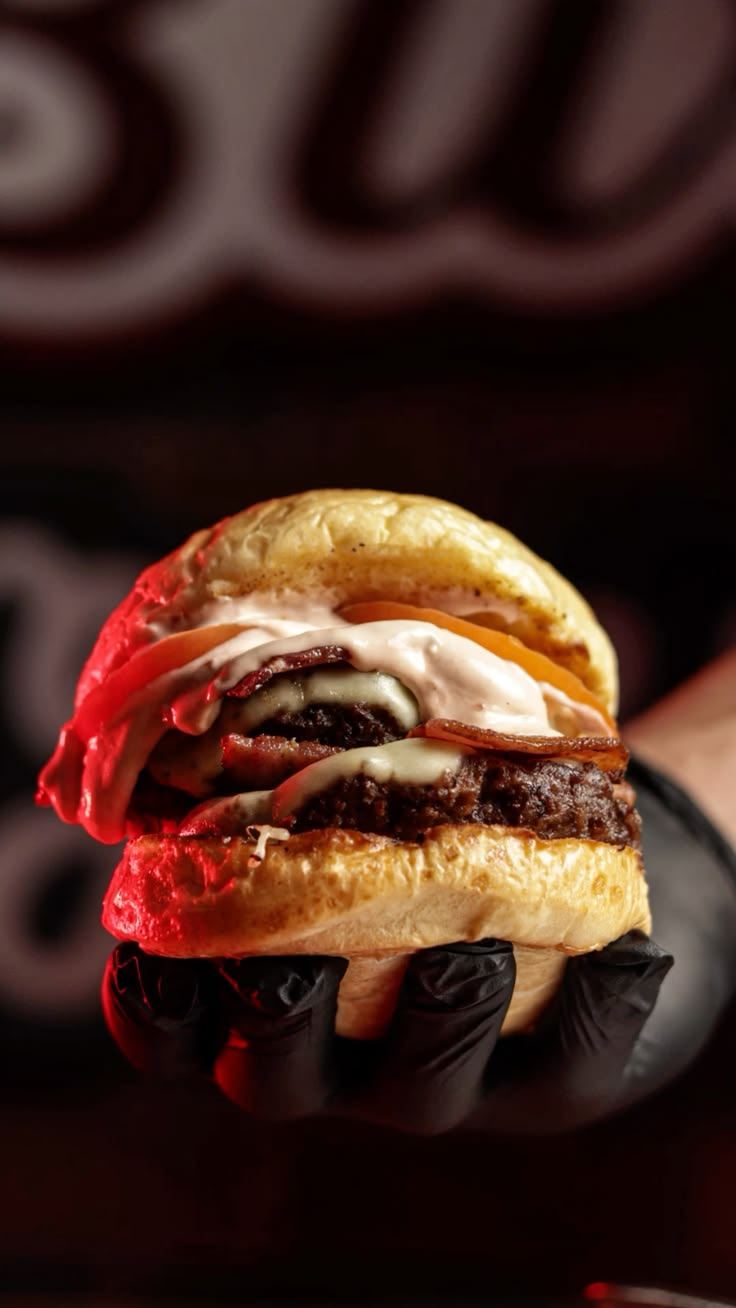 Bacon Buzz: burger com fatias de bacon, queijo derretido e molho cremoso, sob luz vermelha