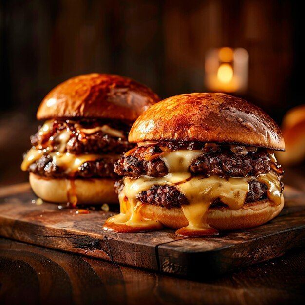 Dois Cheddar Melt com carne duplicada e cheddar escorrendo sobre tábua de madeira